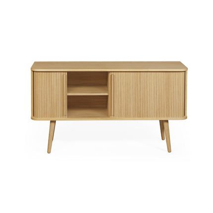 Wooden sideboard with two wooden tambour doors on a white background