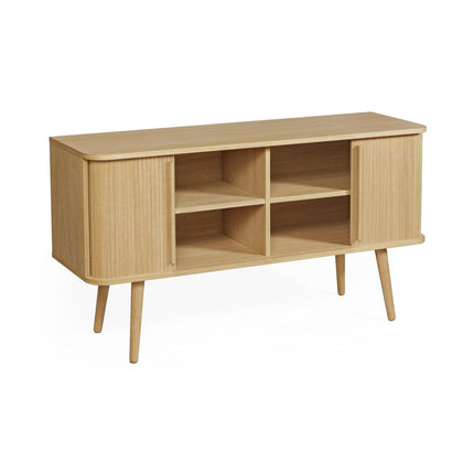 Wooden tambour sideboard with open sliding doors showing internal shelves on a white background