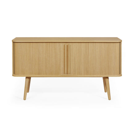 Wooden tambour sideboard with slatted tambour doors on a white background